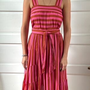 Natalie Martin Jasmine Dress in Thin Stripe Puglia Pink with Sash, Size XS